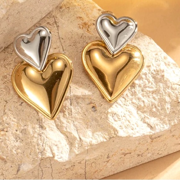 boutique Jewelry - Trendy 18k gold plated stainless steel double heart drop earrings